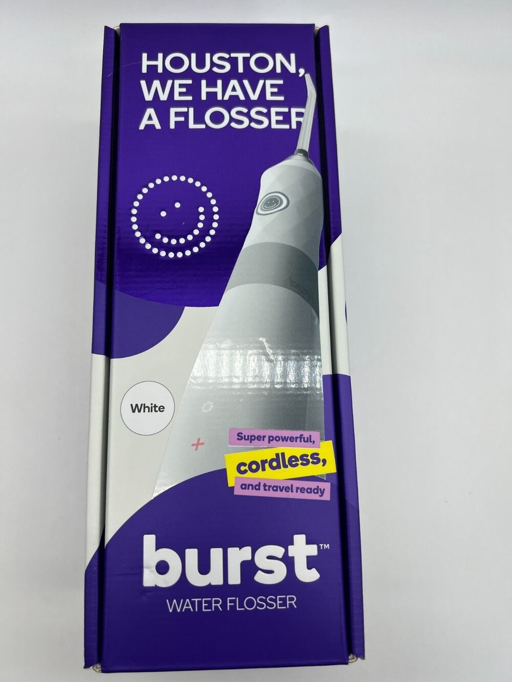 Burst Water Flosser Cordless Removable 360 degree rotating tip New White